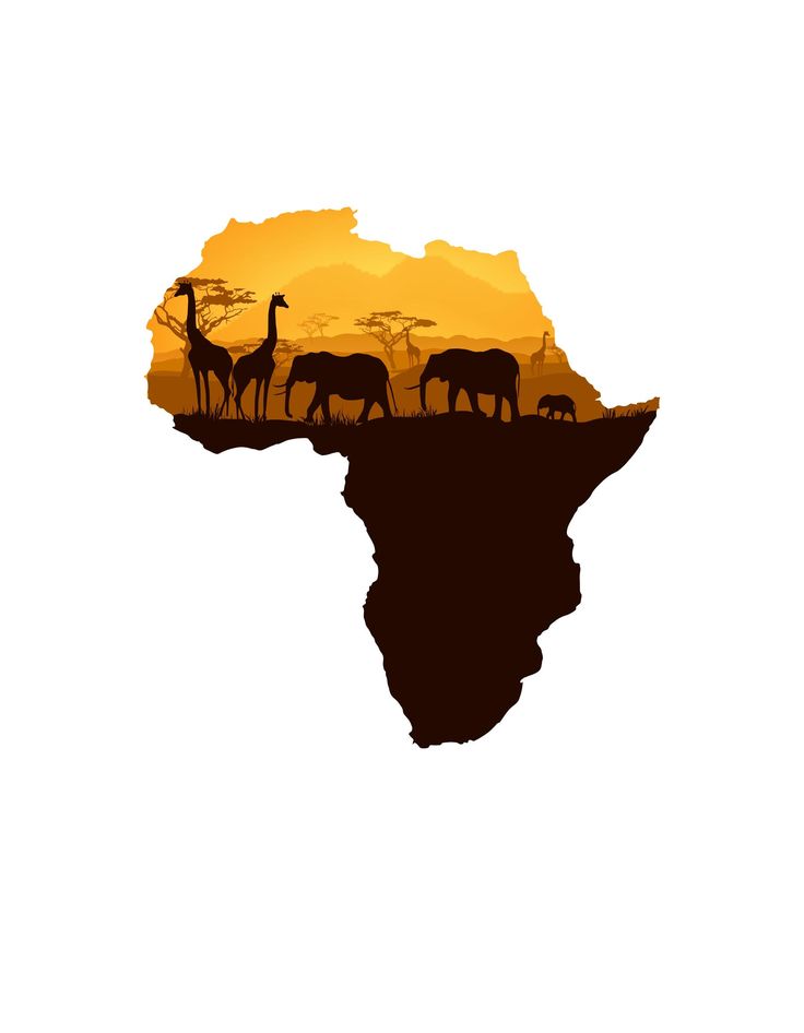 Silhouette map of Africa with savanna wildlife